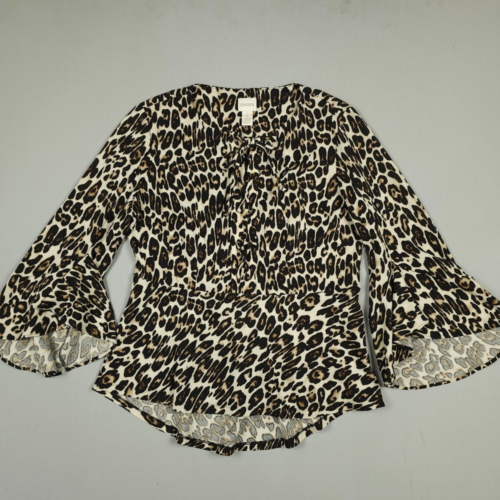 Chicos Leopard Blouse Top Women Size 1 US 8 Black Beige Flare Sleeve Popover